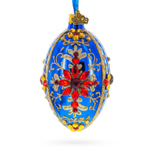Load image into Gallery viewer, Sapphire with Red Floral Gemstone Embellishments Glass Egg Ornament 4 Inches