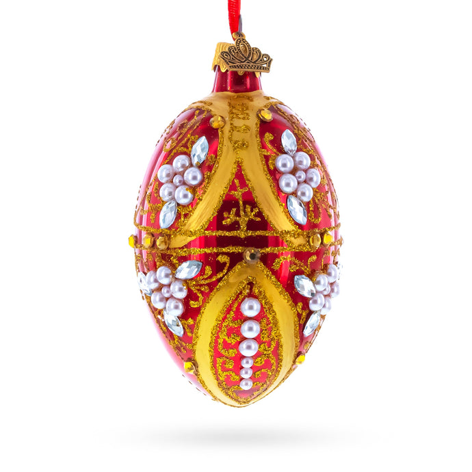 Regal Red and Gold Filigree with Pearls Glass Egg Ornament 4 Inches