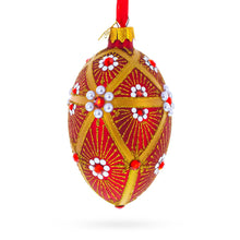 Load image into Gallery viewer, Red and Gold Floral Bejeweled Glass Egg Ornament 4 Inches