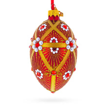 Load image into Gallery viewer, Red and Gold Floral Bejeweled Glass Egg Ornament 4 Inches