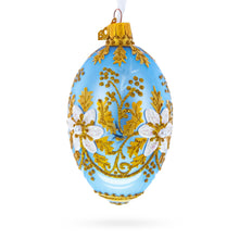 Load image into Gallery viewer, Blue and Gold Embossed Floral Glass Egg Ornament 4 Inches