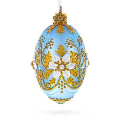 Blue and Gold Embossed Floral Glass Egg Ornament 4 Inches
