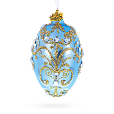 Elegant Blue and Gold Jeweled Glass Egg Ornament 4 Inches