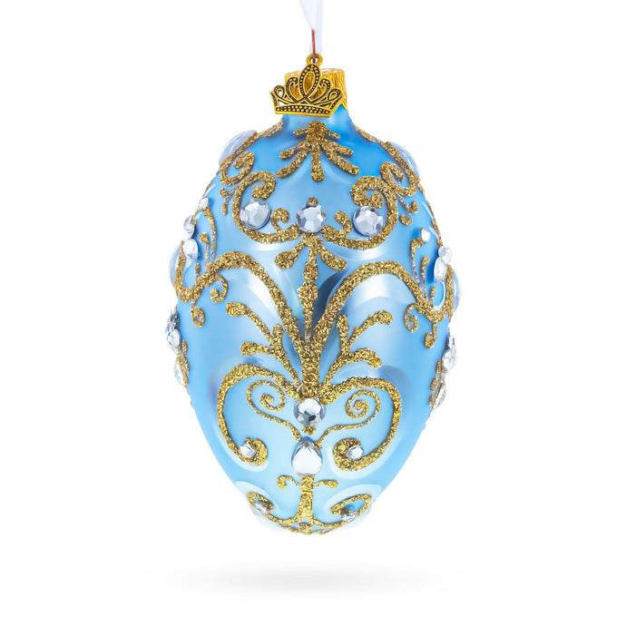 Elegant Blue and Gold Jeweled Glass Egg Ornament 4 Inches