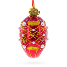Load image into Gallery viewer, Red with Gold Glitter, Pearl Accents, and Floral Design Mini Glass Egg Ornament 2.9 Inches