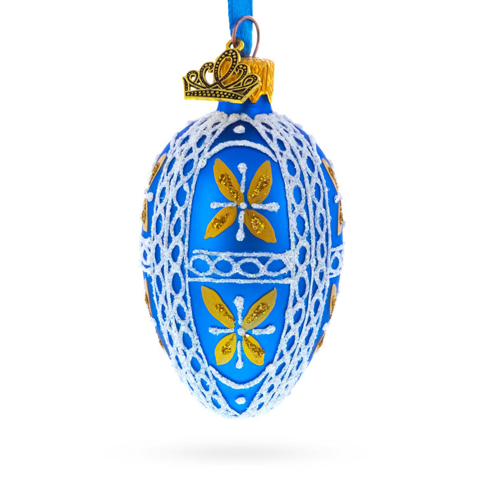 Royal Blue & Gold Floral Lace Mini Glass Egg Ornament 2.9 Inches