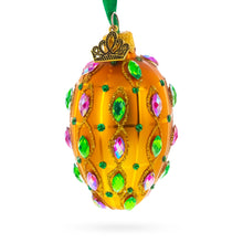 Load image into Gallery viewer, Golden Amber with Pink &amp; Green Jewel Accents Mini Glass Egg Ornament 2.9 Inches