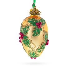 Load image into Gallery viewer, Golden with Holly Leaf and Red Berry Accents Mini Glass Egg Ornament 2.9 Inches