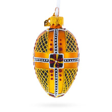 Load image into Gallery viewer, Amber with Red, Black, and Gold Geometric Pattern Mini Glass Egg Ornament 2.9 Inches