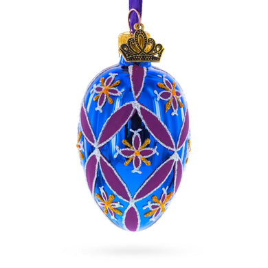 Cobalt Blue with Pink and Yellow Floral Pattern Mini Glass Egg Ornament 2.9 Inches