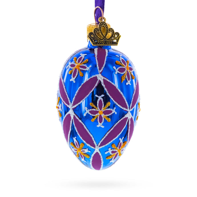 Cobalt Blue with Pink and Yellow Floral Pattern Mini Glass Egg Ornament 2.9 Inches