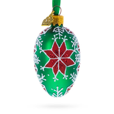 Festive Green with Red and White Snowflake Pattern Mini Glass Egg Ornament 2.9 Inches