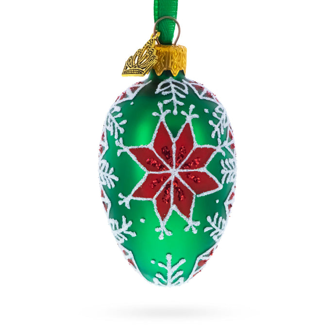 Festive Green with Red and White Snowflake Pattern Mini Glass Egg Ornament 2.9 Inches