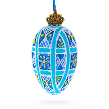 Load image into Gallery viewer, Cobalt Blue and White Geometric Floral Mini Glass Egg Ornament 2.9 Inches