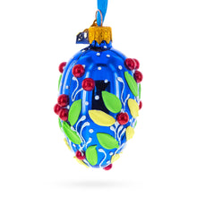 Load image into Gallery viewer, Shiny Blue with Red Berry and Green Leaf Accents Mini Glass Egg Ornament 2.9 Inches