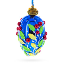 Load image into Gallery viewer, Shiny Blue with Red Berry and Green Leaf Accents Mini Glass Egg Ornament 2.9 Inches