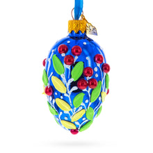 Load image into Gallery viewer, Shiny Blue with Red Berry and Green Leaf Accents Mini Glass Egg Ornament 2.9 Inches