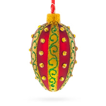 Load image into Gallery viewer, Red and Gold with Green Swirls and Jewel Accents Mini Glass Egg Ornament 2.9 Inches
