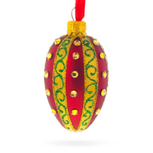 Load image into Gallery viewer, Red and Gold with Green Swirls and Jewel Accents Mini Glass Egg Ornament 2.9 Inches