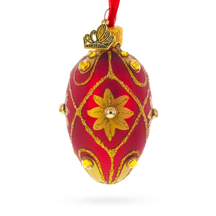 Red with Gold Floral and Jewel Accents Mini Glass Egg Ornament 2.9 Inches