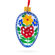 Load image into Gallery viewer, White with Multicolor Floral and Blue Lace Accents Mini Glass Egg Ornament 2.9 Inches