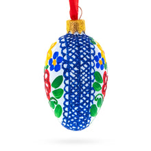 Load image into Gallery viewer, White with Multicolor Floral and Blue Lace Accents Mini Glass Egg Ornament 2.9 Inches