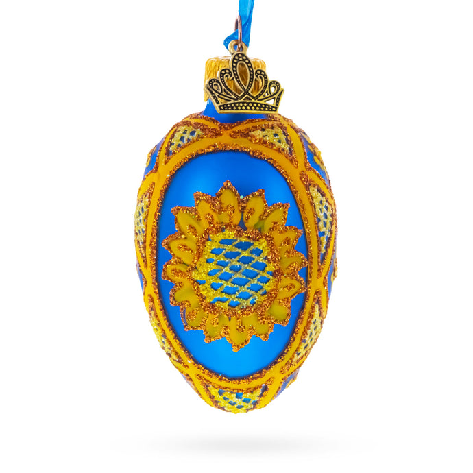 Cobalt Blue with Yellow Sunflower and Red Glitter Accents Mini Glass Egg Ornament 2.9 Inches