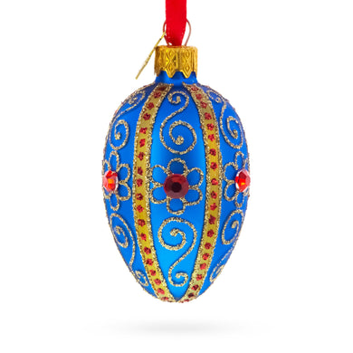 Royal Blue with Gold and Red Gem Accents Mini Glass Egg Ornament 2.9 Inches
