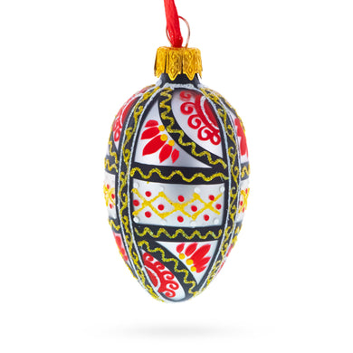 Ukrainian Geometric Red and Gold Mini Glass Egg Ornament 2.9 Inches