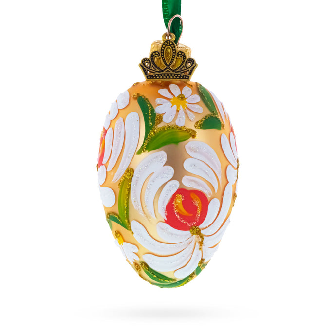 Golden with White and Orange Floral Swirl Design Mini Glass Egg Ornament 2.9 Inches