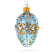 Load image into Gallery viewer, Powder Blue with Gold Glitter and Pearl Accents Mini Glass Egg Ornament 2.9 Inches