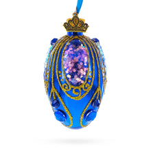 Load image into Gallery viewer, Royal Blue with Gold Glitter and Iridescent Sequins Mini Glass Egg Ornament 2.9 Inches
