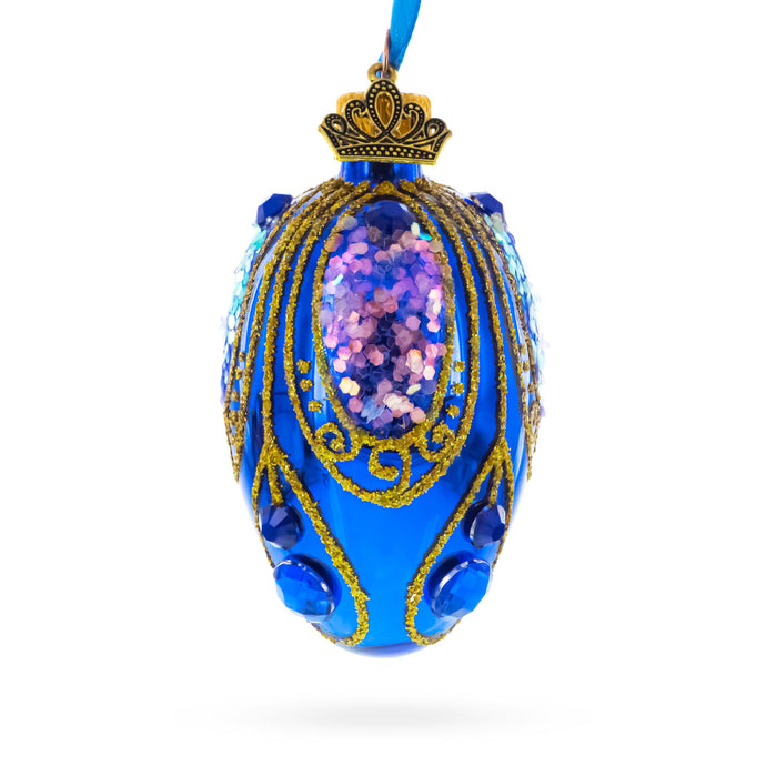 Royal Blue with Gold Glitter and Iridescent Sequins Mini Glass Egg Ornament 2.9 Inches