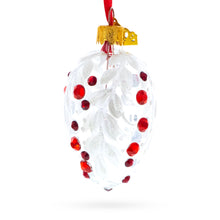 Load image into Gallery viewer, White with Red Gem Accents and Leaf Design Mini Glass Egg Ornament 2.9 Inches