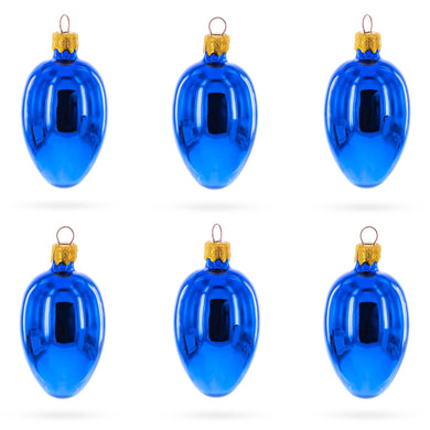 Set of 6 Glossy Blue Mini Glass Egg Ornaments 2.9 Inches