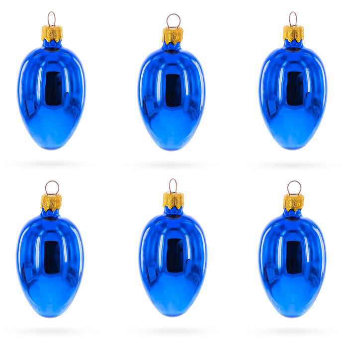 Set of 6 Glossy Blue Mini Glass Egg Ornaments 2.9 Inches