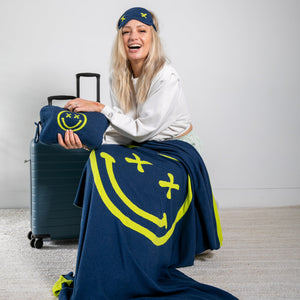Smiley Cross Eyed Organic Cotton Travel Blanket and Eye Mask Set