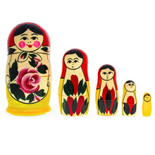 Load image into Gallery viewer, Set of 5 Semenov Style Red Scarf Matryoshka Wooden Nesting Dolls