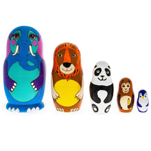 Load image into Gallery viewer, Set of 5 Zoo Animals Wooden Nesting Dolls