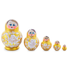 Load image into Gallery viewer, Gold Color with White Flowers Pink Wooden  Nesting Dolls