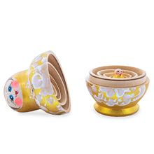 Load image into Gallery viewer, Gold Color with White Flowers Pink Wooden  Nesting Dolls