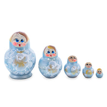 Load image into Gallery viewer, Light Blue Color with White Flowers Wooden  Nesting Dolls