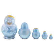 Load image into Gallery viewer, Light Blue Color with White Flowers Wooden  Nesting Dolls