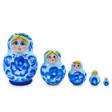 Load image into Gallery viewer, Light Blue Color with Blue Flowers Wooden  Nesting Dolls