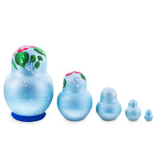 Load image into Gallery viewer, Light Blue Color with Red Flower Wooden  Nesting Dolls