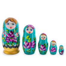 Load image into Gallery viewer, Green Hood with Purple and Orange Flowers Wooden  Nesting Dolls
