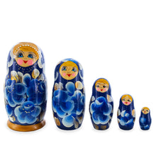 Load image into Gallery viewer, Blue Color with Blue Flowers Wooden  Nesting Dolls