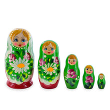 Load image into Gallery viewer, Green Hood with Gold Flowers and Berries Wooden  Nesting Dolls