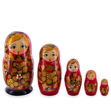 Load image into Gallery viewer, Red Color with Gold Flowers Wooden  Nesting Dolls