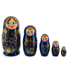 Load image into Gallery viewer, Blue Color with Gold Flowers Wooden  Nesting Dolls